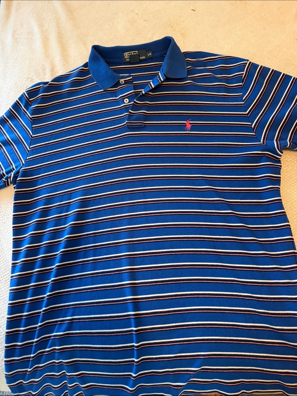 Polo by Ralph Lauren Blue Multi-Striped Polo with Pink Logo